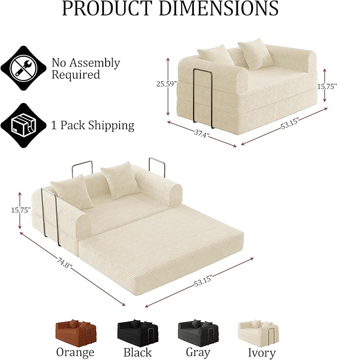 HouseMila 53.15" Boneless Couch,4-in-1 Futon Sofa Bed Modular Loveseat Sleeper Folding Compressed Couch with Pillows,No Assembly Required Convertible Sofa Bed for Living Room Bedroom Guest Room,Beige