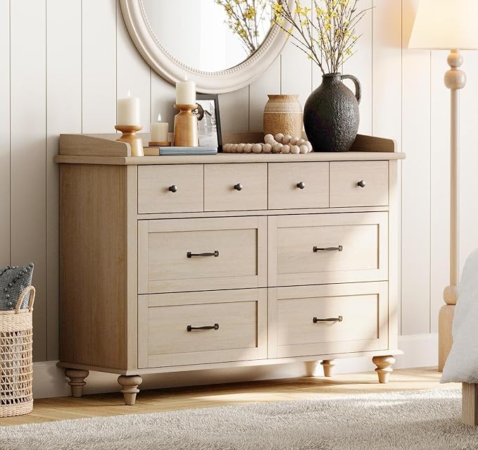WAMPAT 3 Piece Bedroom Set - Includes Mid Century Dresser with 6 Drawers, Set of 2 Bedside Tables with Charging Station, 3 Piece Dresser and Nightstand Sets, Beige