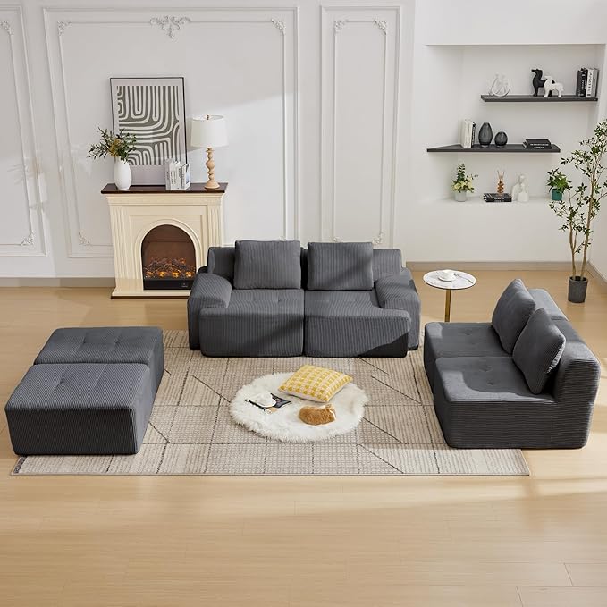 Modular Sectional Sofa with Movable Ottoman, 4 Seat Deep Seat Couch with 4 Pillows, Comfy Cloud Sectional Sofa for Living Room, Bedroom and Apartment (Grey, 1 Left+1 Right+2 Middle+2 Ottoman)