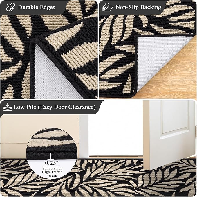 Ileading Hallway Runner Rug 2x6ft Kitchen Floor Mat Modern Leaves Non Slip Throw Rugs Busy Traffic Extended Indoor Doormat Machine Washable Accent Carpet for Laundry Bedroom(Black) - Image 7
