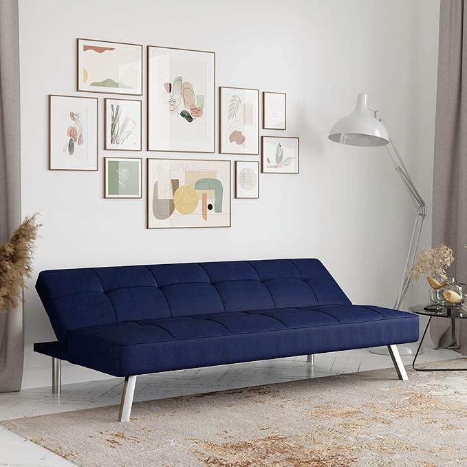 Serta® Rane Futon Sofa Bed 66.1", 3-in-1 Convertible Couch Sleeper for Small Spaces, Tufted Back, Twin Size Guest Bed, Blue Woven Fabric