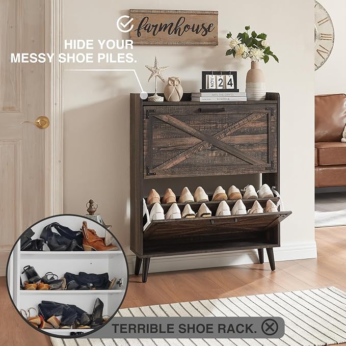 Barnyatoh Shoe Storage Cabinet,Farmhouse Shoe Organizer with 2 Flip Drawers & Barn Door Design,Freestanding Hidden Slim Narrow Shoe Rack Cabinet for Entryway,Foyer,Hallway,Dark Oak - Image 3