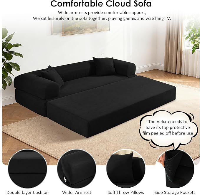 80" Convertible Sofa Bed, 3-in-1 Corduroy Folding Pull Out Couch with Pillows, No Assembly Modern Boneless Couch Compression Sofa in Box, Floor Sofa with Side Storage for Living Room,Black