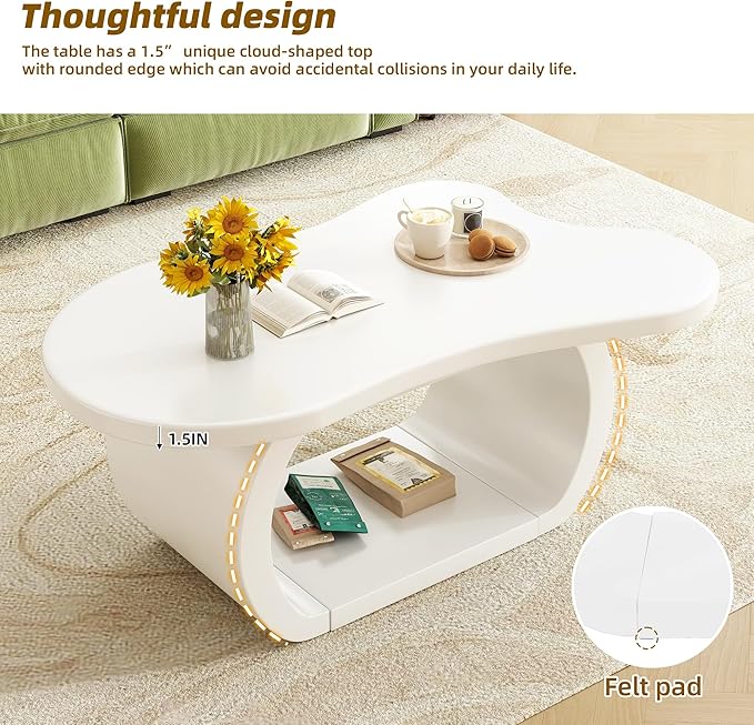 Merax Modern Cloud Coffee Table with Curved Legs, Wood Cream Style Irregular Center End Tables for Living Room, Reception Room, Apartment, Easy Assemble, White