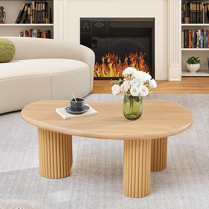 Fluted Coffee Table, 39'' Farmhouse Coffee Tables for Living Room, Low Wood Accent Center Table Small Tea Table with Sturdy Base & Rounded Corners for Small Space Home Office (Natural)