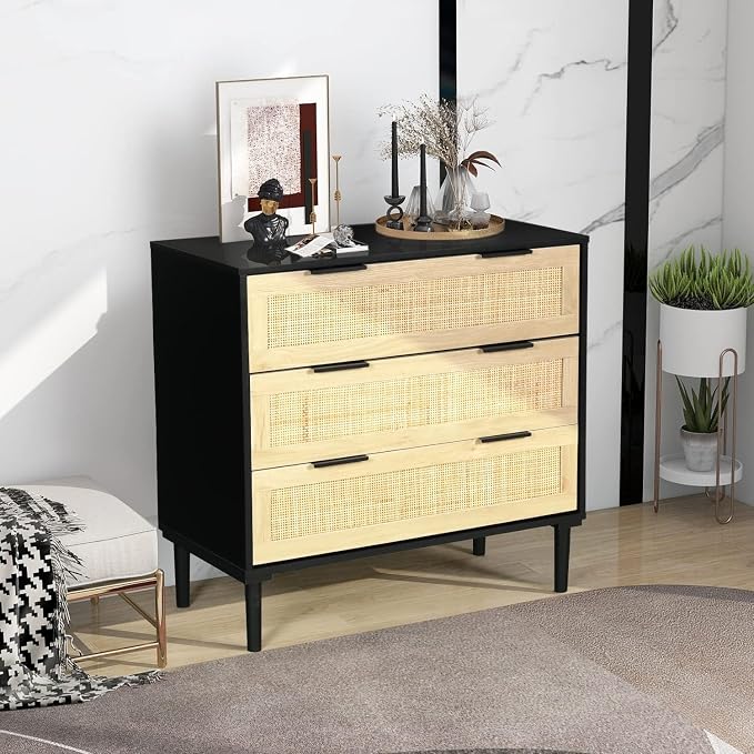 HOPUBUY Large Nightstand with Rattan Drawer, Modern 3 Drawer Night Stand for Bedroom, Wooden Bedside Table for Queen Size and King Size Bed, Black - Image 7