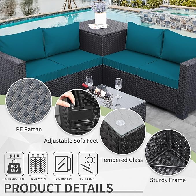 WAROOM Patio Furniture Set 4 Piece Conversation Sets Black Rattan Outdoor Couch Loveseat Wicker Sectional Sofa with Storage Box Glass Top Table, Peacock Blue Cushion