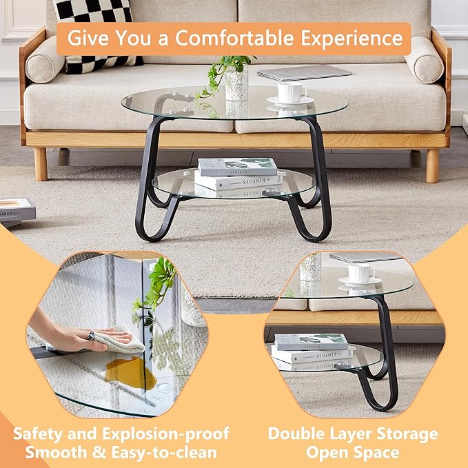 Glass Round Coffee Table for Living Room, 31.5 Inch Tempered Glass Top & Sturdy Metal Frame with Storage Shelf, Modern Small Center Table with 200lb Capacity, Quick & Easy Assembly