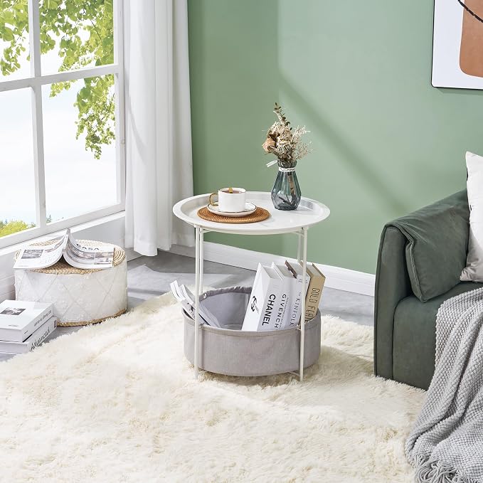 VECELO Round Side/End Table with Fabric Storage Basket，Metal Anti-Rust and Waterproof Small Bedside Nightstand with Removable Tray Top for Living Room，Balcony & Laundry，Beige/2pcs with Basket - Image 5