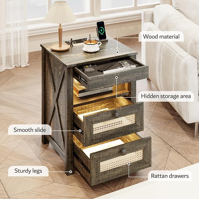 FREDEES Rustic Nightstand with Gun Drawer, End Table with Charging Station, LED Bedside Table with Human Sensor Light, Rattan Night Stand for Bedroom, Brown - Image 5
