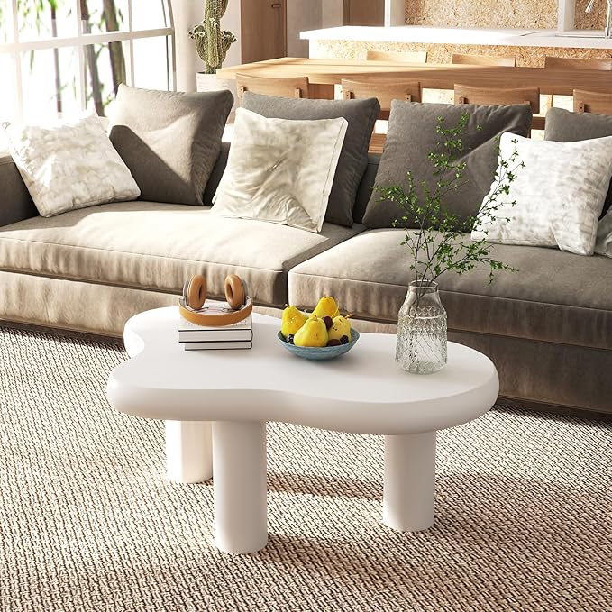 HollyHOME 34" Cloud Wood Coffee Table - 3-Leg Modern Accent Center Table for Living Room Bedroom Balcony Patio, Cream White