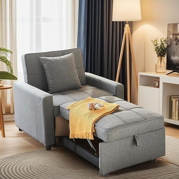 3-in-1 Convertible Sleeper Chair, Pullout Chair with Extra Pillow, Recliner Sofa Bed with 4 Adjustable Angles, Convertible Lazy Sofa Bed for Small Spaces Home Office, Light Gray