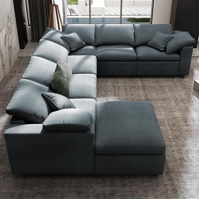 ERYE Oversized Modular Chenille Upholstered Sectional Sofa with Movable Ottoman, 7 Seaters Modular Convertible Couch Spacious Living Room Sofa for Home House Apartment