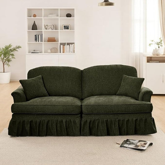 Oversized Large Two Seater Sofa, Comfy Chenille Love Seat Couch with Removable Ruffles Pleats & Large Petal-Shaped Armrests, Elegant Mid Century Convertible Sofa with Spindle Legs, Green