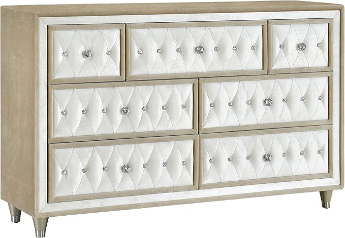 Coaster Home Furnishings Antonella Modern Classic 4-Piece Bedroom Set Velvet Upholstered Eastern King Size Panel Bed Frame 79-inch Headboard Ivory and Camel 223521KE-S4