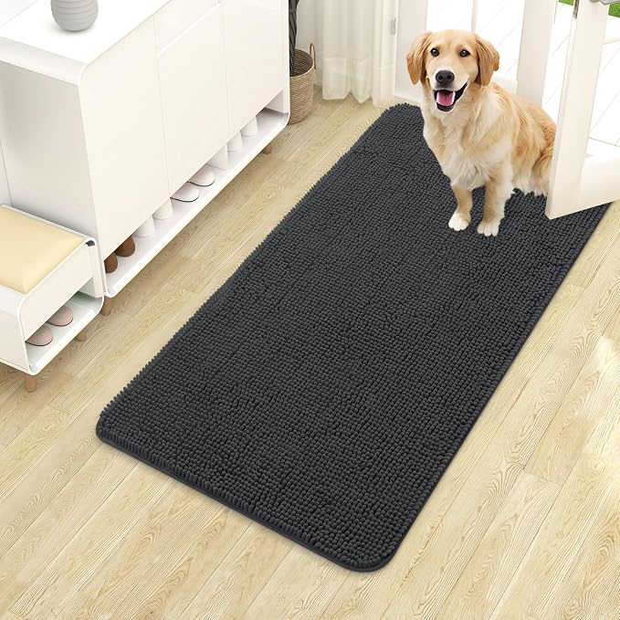 OLANLY Dog Door Mat for Muddy Paws 40x24, Absorbs Moisture and Dirt, Absorbent Non-Slip Washable Doormat, Quick Dry Chenille Mud Mat for Dogs, Entry Indoor Entryway Carpet for Inside Floor, Dark Grey by OLANLY