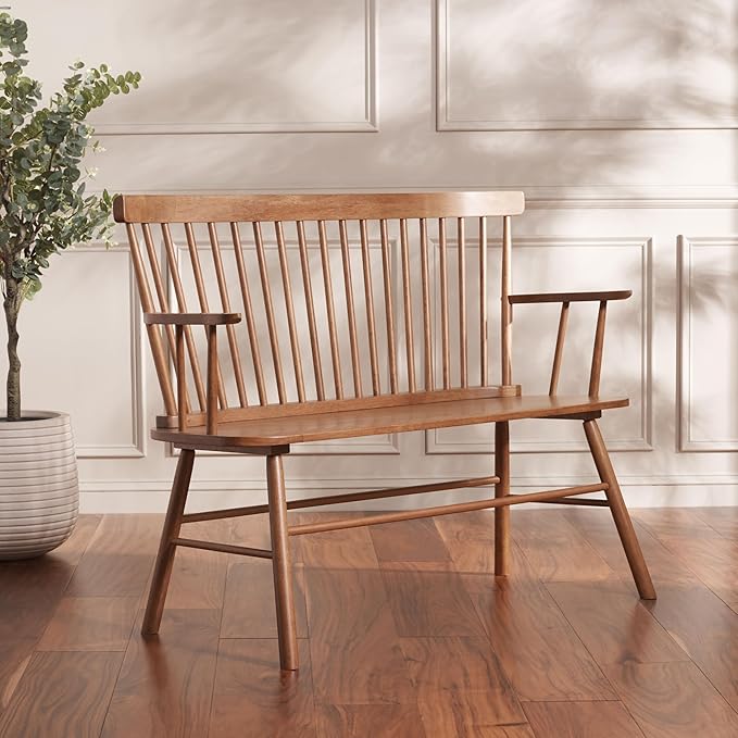 SAFAVIEH Home Collection Addison Farmhouse Honey Solid Wood Windsor Spindle Loveseat Bench