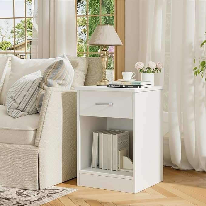 FOTOSOK Nightstand Set of 2, White Nightstand with Drawer and Storage Shelf, Bedside Table End Table, Modern Night Stand for Bedroom, Home Office,White - Image 6