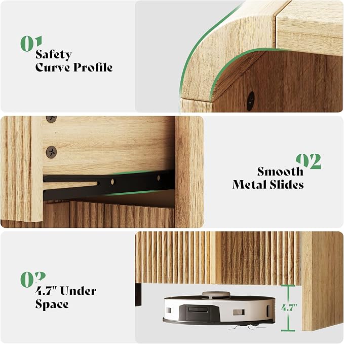 AMERLIFE Fluted Night Stand Set 2 with Storage Drawers, Modern Small Nightstand & Bedside Table with Open Shelf, Curved Profile Design & Pine Handles, Wood End Table for Bedroom, Oak - Image 4