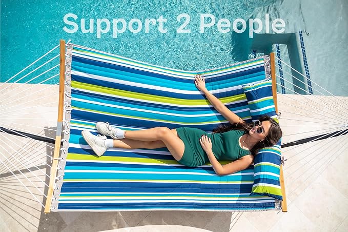 SUPERJARE Hammock with Stand, 2 Person Heavy Duty Hammock with Padded Cotton, Detachable Pillow & Strong Curved-Bar & Portable Carrying Bag, Perfect for Outdoor & Indoor - Dark Cyan - Image 3