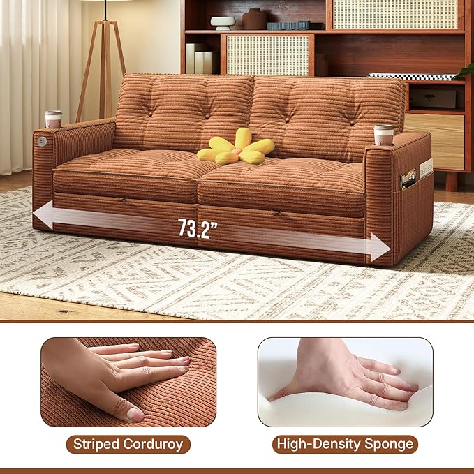Rovibek 73.2" Convertible Sofa Bed, Pull Out Couch with USB Charging Port & Cup Holders, Adjustable Backrest, Side Pockets, Modern Corduroy Sleeper Sofa for Living Room, Bedroom, Apartment, Orange