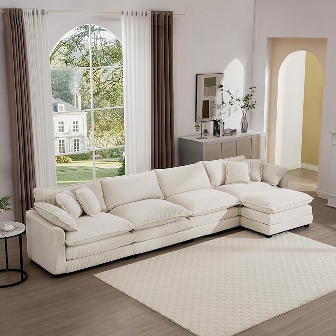 KEIKI 150" L-Shaped Oversized Corduroy Modular Sectional Sofa with 1 Ottoman, High-Density Foam Cushions, Removable Armrests, Upholstered 4-Seater Corner Couch with 6 Pillow, for Living Room, Beige