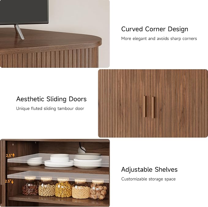 47" Corner TV Stand for up to 55" TVs, Modern Fluted Sliding Door Cabinet with Power Outlet, Wood Storage Entertainment Center, Media Console for Living Room, Walnut - Image 6