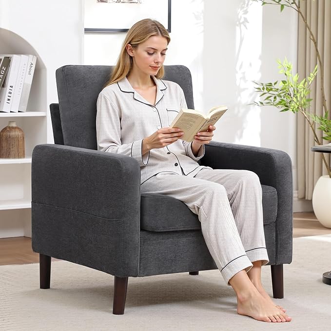 Accent Chair for Living Room, Modern Reading Chair for Bedroom, Upholstered Armchair with Wood Legs and Side Pockets, Single Sofa Side Chair for Office, Small Room, Apartment, Dark Grey