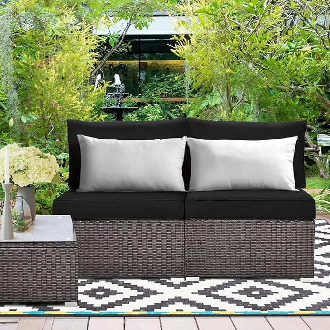 Tangkula 2 PCS Outdoor Wicker Armless Sofa, Patio Rattan Sectional Sofa Set w/2 Thick Seat Cushions and 2 Back Cushions, Additional Seats for Balcony Garden Patio Poolside (Brown)