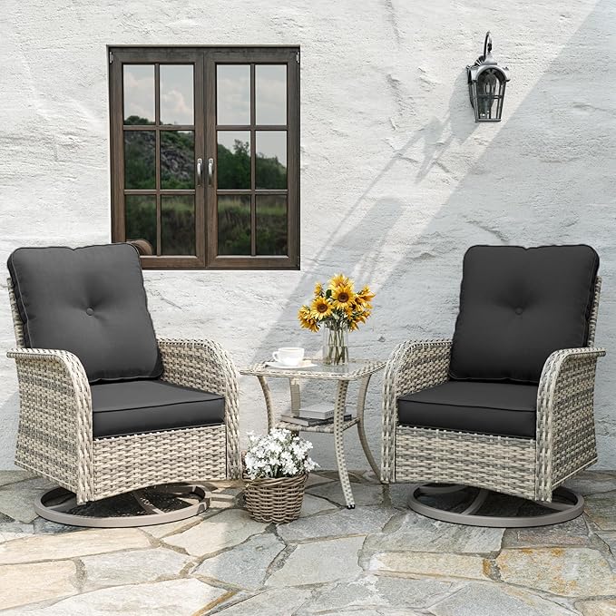 Patio Rocking Swivel Chair Outdoor Wicker Rattan Bistro Set with Tempered Glass Side Table, Outdoor Patio Furniture Set for Garden, Deck, and Balcony, Dark Grey