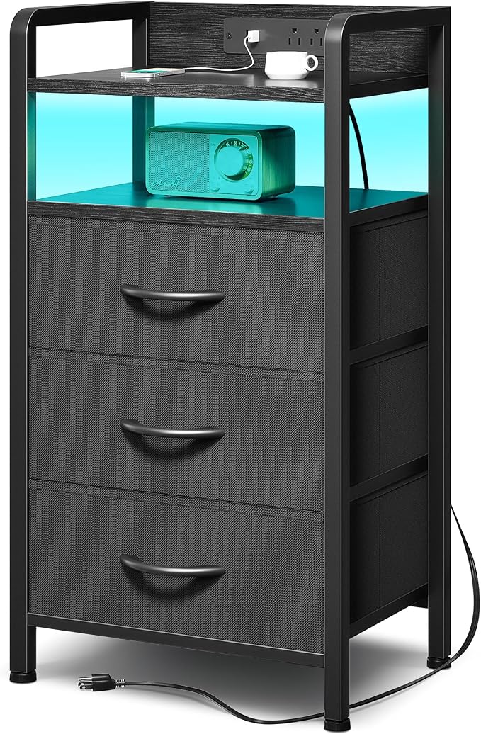 Lazzanto Night Stand Bedside Charger Bedroom - Nightstand with Charging Station & LED Light Strip, Night Stand with Storage Shelf & 3 Fabric Drawers, Morden End Table with U-S-B Ports & AC Outlets by Lazzanto