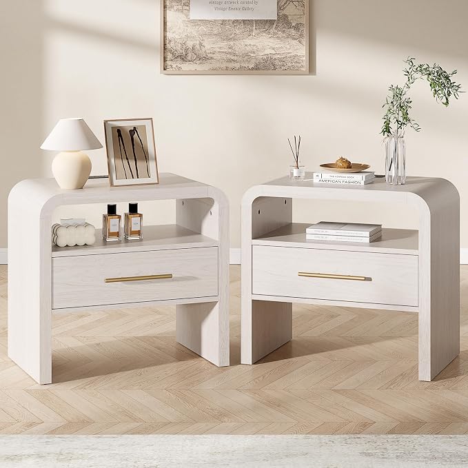 Fatmok Nightstand with Charging Station Set of 2, 24" Wooden Bedside Table with Drawer and Open Storage, Curved Profile Design End Table with 3-Color LED Light & Metal Handle for Bedroom(Cream White) by Fatmok