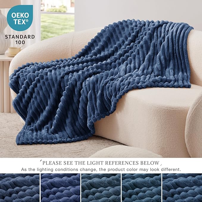 EXQ Home Fleece Blanket Twin Size for Couch or Bed - 3D Stripe Jacquard Decorative Blankets - Cozy Soft Lightweight Fuzzy Flannel Blanket Suitable for All Seasons(60"??80",Dark Blue)