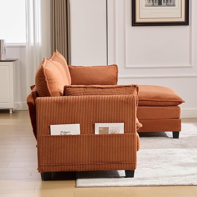Modular Sectional Sofa Couch with Reversible Ottoman, 103" Oversized Corduroy Cloud Couch, 3 Seat Sectional Sofa with Solid Wood Frame and Side Pockets,for Living Room & Apartment