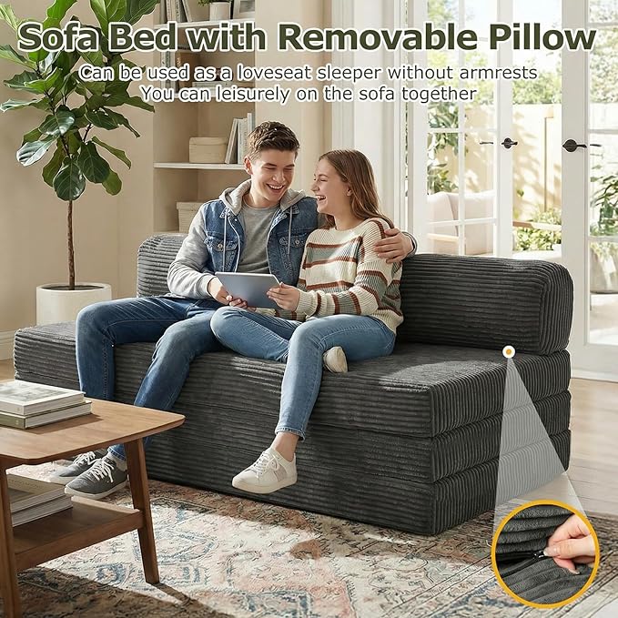 5-in-1 Convertible Sofa Bed, Boneless Loveseat Sleeper with Removable Cushions & Washable Corduroy Cover, Futon Sofa Bed with Handle, Pull Out Couch for Small Spaces, Full Size, Grey