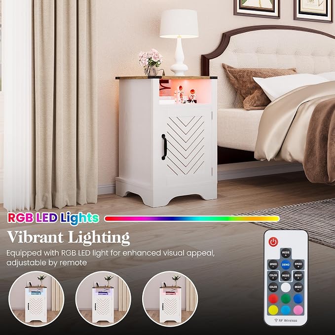 RoyalCraft 25" Tall LED Nightstand Set of 2, Farmhouse Nightstand with Charging Station, Large End Table with Storage, Wooden Rustic Bedside Table for Bedroom, Home Office, White and Rustic Oak - Image 3