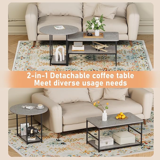 WOHOMO Coffee Table, Modern Style Coffee Tables for Living Room Marble Center Table with Storage 2 in 1 Detachable Nesting Table Set, Grey Marble