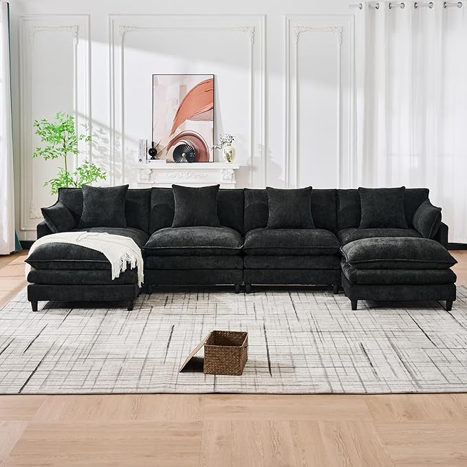 Eafurn 141" Oversized Modular Sectional Sofa with Movable Ottoman, 6 Seater Modern Chenille Reversible Sofa Set, Large Convertible U Shaped Couch for Living Room Apartment