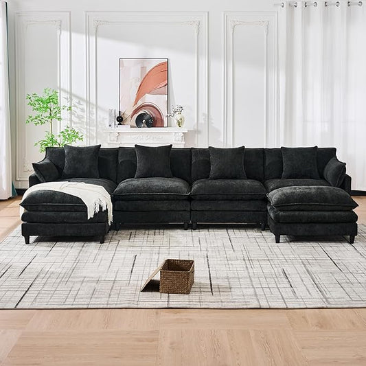 Eafurn 141" Oversized Modular Sectional Sofa with Movable Ottoman, 6 Seater Modern Chenille Reversible Sofa Set, Large Convertible U Shaped Couch for Living Room Apartment