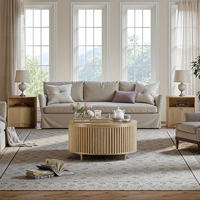 Evermagin 31.5'' Walnut Round Coffee Table, Fluted Lift Top Coffee Table with Large Storage, Mid Century Modern Small Center Table for Living Room