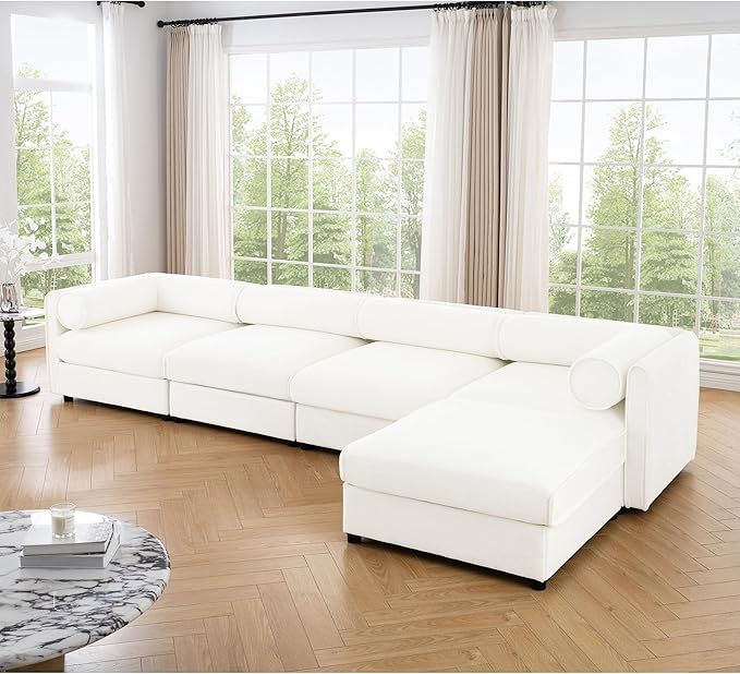 KEIKI 143" L-Shaped Modular Chenille Sectional Sofa with Storage Seat, 1 Ottoman, Modern Style 4-Seater Couch with Cylindrical Backrest and Armrests, Easy Assembly, for Apartment, Living Room, White
