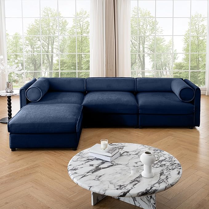 KEIKI 109" L-Shaped Modular Chenille Sectional Sofa with Storage Seat, 1 Ottoman, Modern 3-Seater Couch with Cylindrical Backrest and Armrests, Easy Assembly, for Apartment, Living Room, Blue