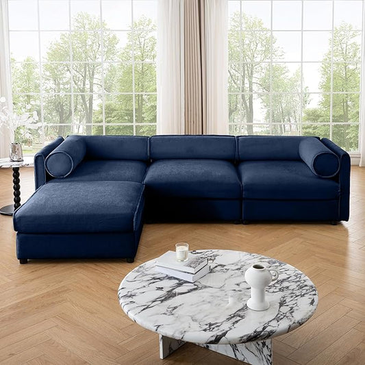 KEIKI 109" L-Shaped Modular Chenille Sectional Sofa with Storage Seat, 1 Ottoman, Modern 3-Seater Couch with Cylindrical Backrest and Armrests, Easy Assembly, for Apartment, Living Room, Blue