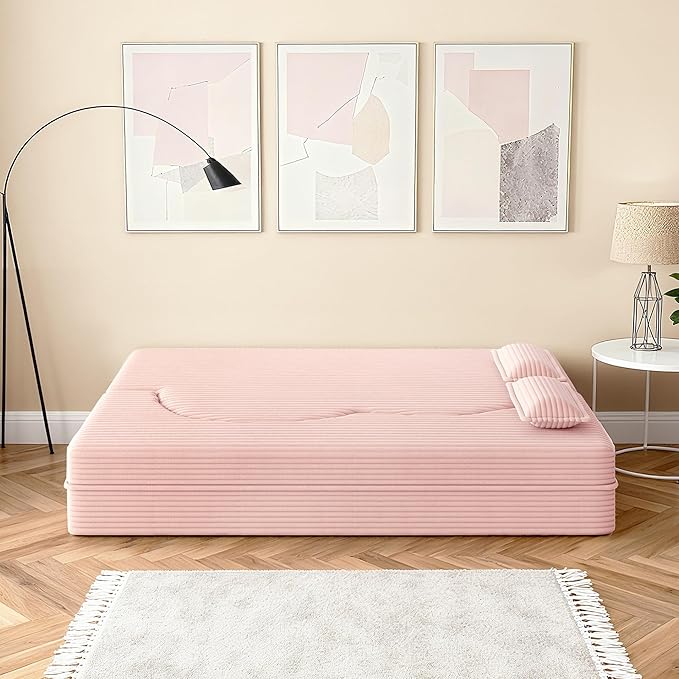 78" Convertible Sofa Bed, 2-in-1 Folding Floor Couch with 2 Pillows, Sleeper Sofa for Living Room and Bedroom, No Assembly Required (Pink, Corduroy Fabric)