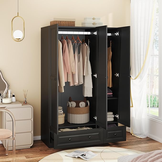 Armoire Wardrobe Closet with Drawers: 74" Black Wardrobe Closet with 3 Doors, Bedroom Armoires with 2 Drawers, Wood Closets Cabinet for Hanging Clothes (Black, 47")
