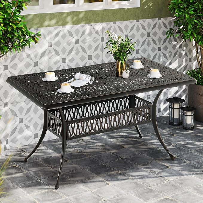 DWVO Cast Aluminum Outdoor Dining Table, 59'' Patio Table w/Max Bearing 220 LBS, Patio Dining Table with 2" Umbrella Hole and Adjustable Foot Pads for Garden, Backyard, Deck and Patio, Bronze - Image 7