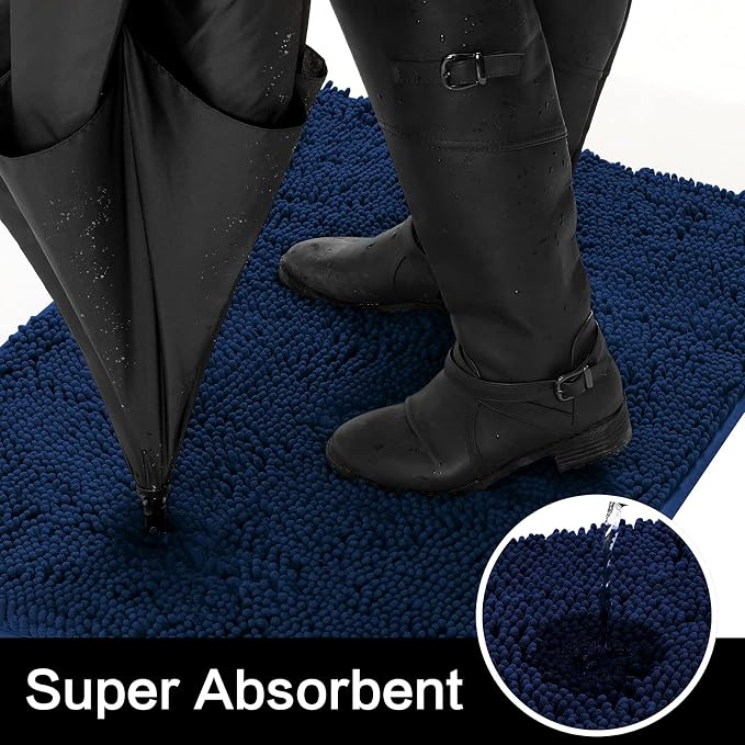 HOMEIDEAS Doormat Indoor Entrance, 48"x30", Highly Absorbent Chenille Large Muddy Dog Washable Non Slip Front Welcome Door Mat for Entryway, Navy Blue - Image 2