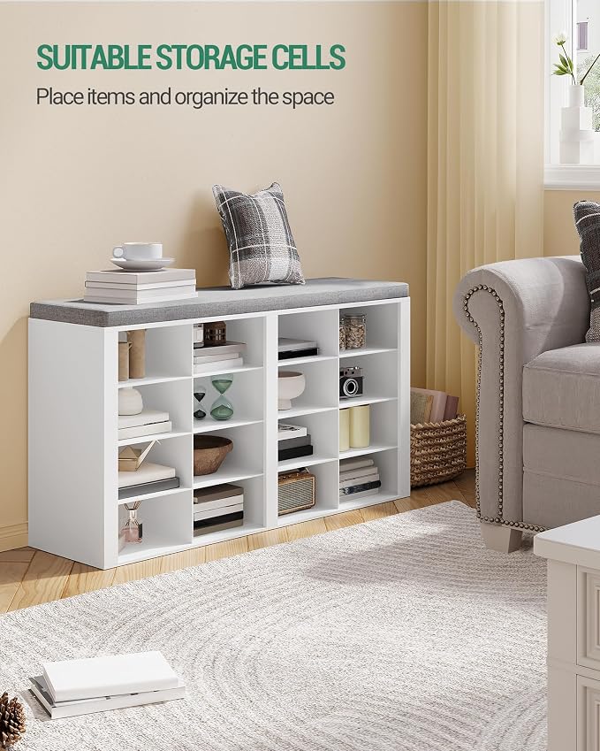 Hzuaneri Shoe Bench with Cushion, Entryway Storage Bench with 16 Cubbies, Cubby Shoe Rack with Adjustable Shelves, Shoe Organizer Cabinet for Living Room, Bedroom, Entryway, White SB25603GY - Image 4