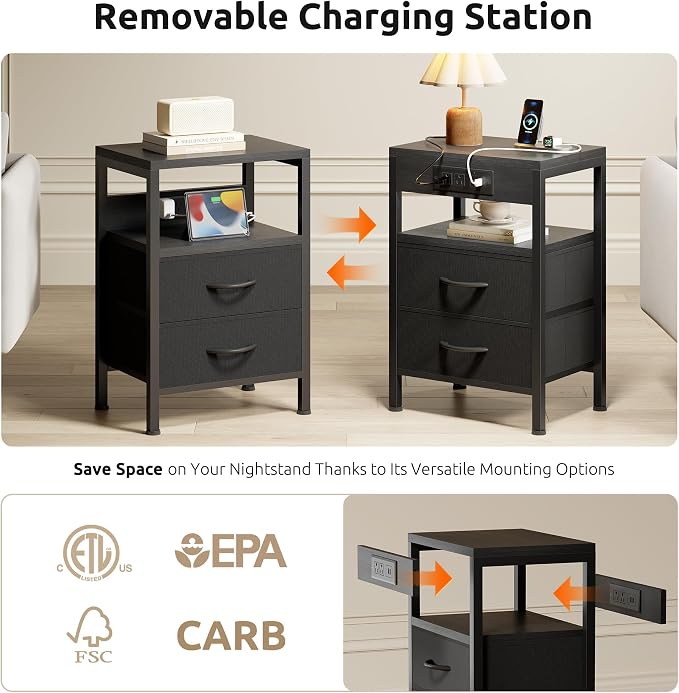 Lazzanto Nightstand Bedside Charger Table for Bedroom - Night Stand with Charging Station, Modern Nightstand with Open Shelf & 2 Fabric Drawers, Bed Side Table with USB-C Port for Dorm, Black - Image 3