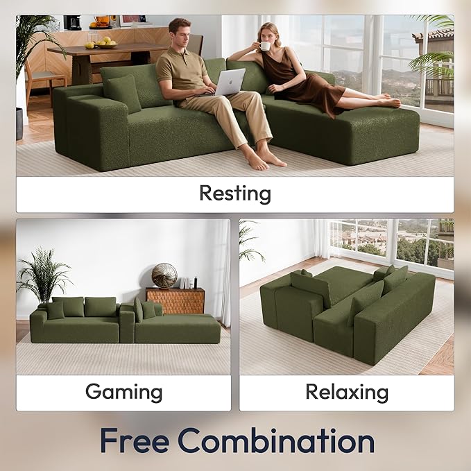 Cloud Sectional Couch, 105" Modular Sectional Sofa with Left Chaise Lounge, Modern Modular L-Shape Sofa with Pillows & Deep Seat, Wool Fabric Boneless Couches for Living Room Bedroom, Green